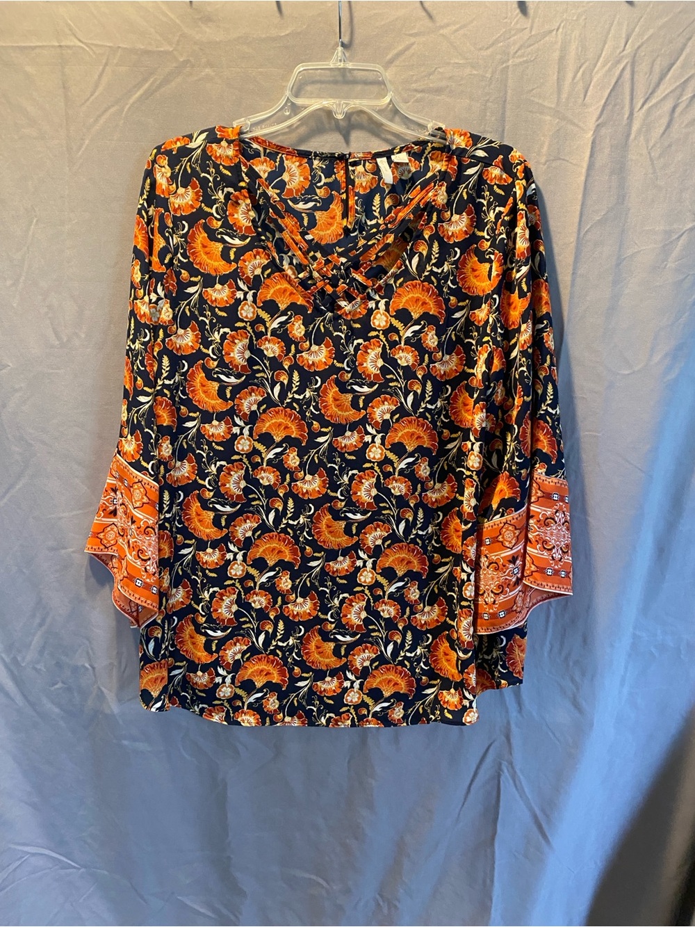 Black & Orange Floral Crisscross Neck Blouse